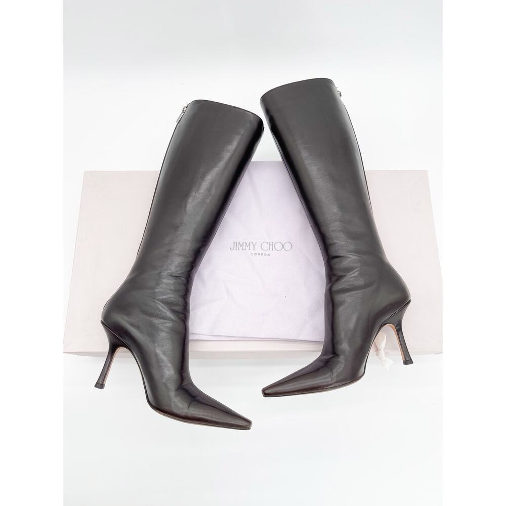 Jimmy Choo Peony Coffee Brown Leather Pointed Square Toe Knee High Boots IT 36